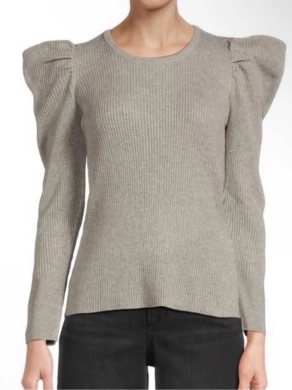 Joe's Jeans Puff-Sleeve Crewneck Sweater Ribbed Heather Grey Medium Wool Blend